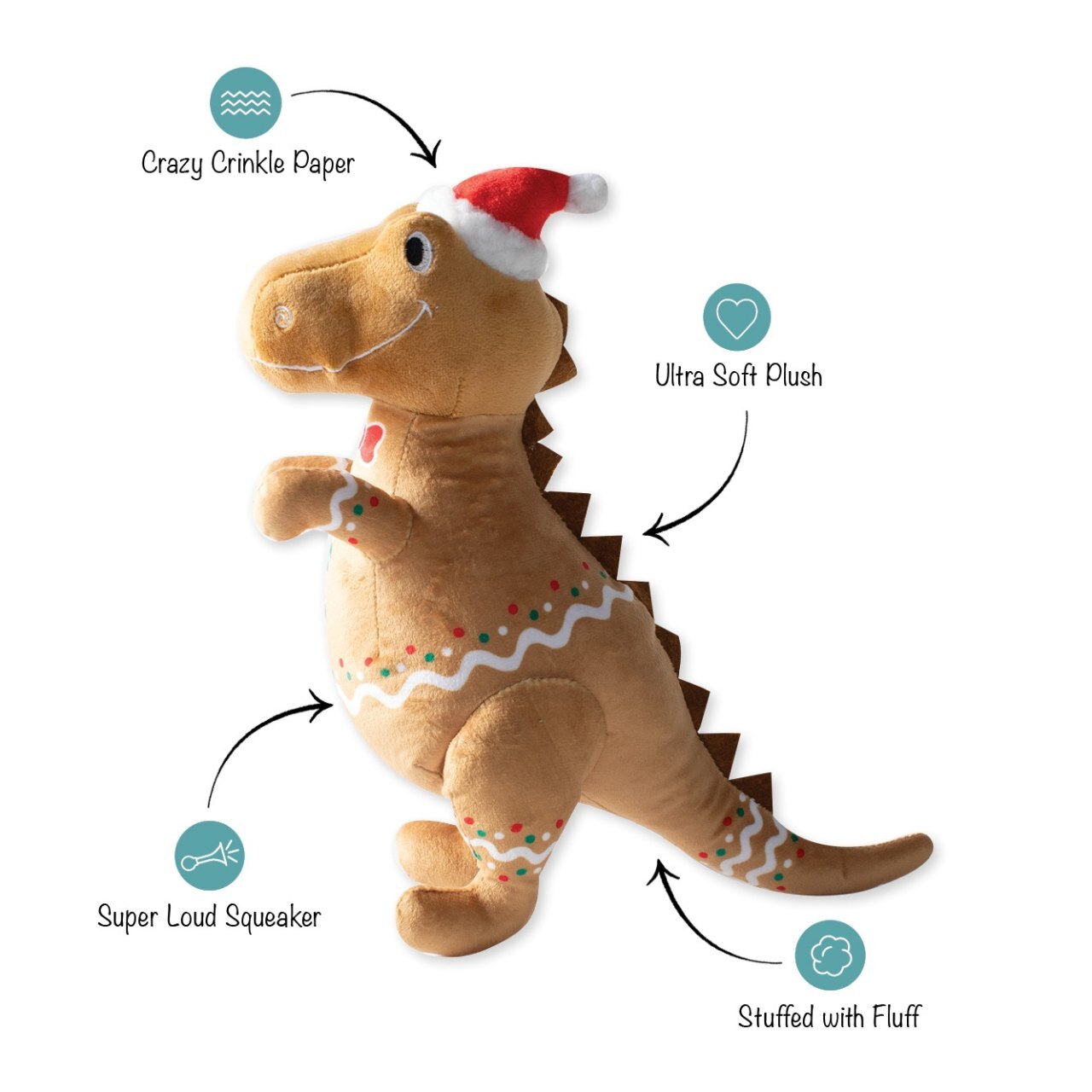 Fringe Studio Christmas Holiday Plush Squeaker Dog Toy - Cookie-Saurus